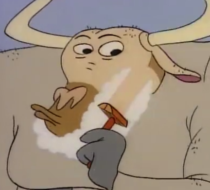 Cartoon yak shaving his beard, from the Ren and Stimpy show Happy yak shaving! (src)